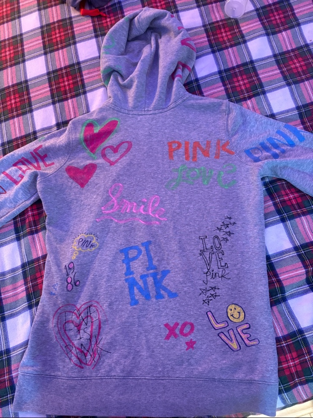 RARE 2010 PINK Victoria's Secret Gray Zip-Up Hoodie with scribble graphics